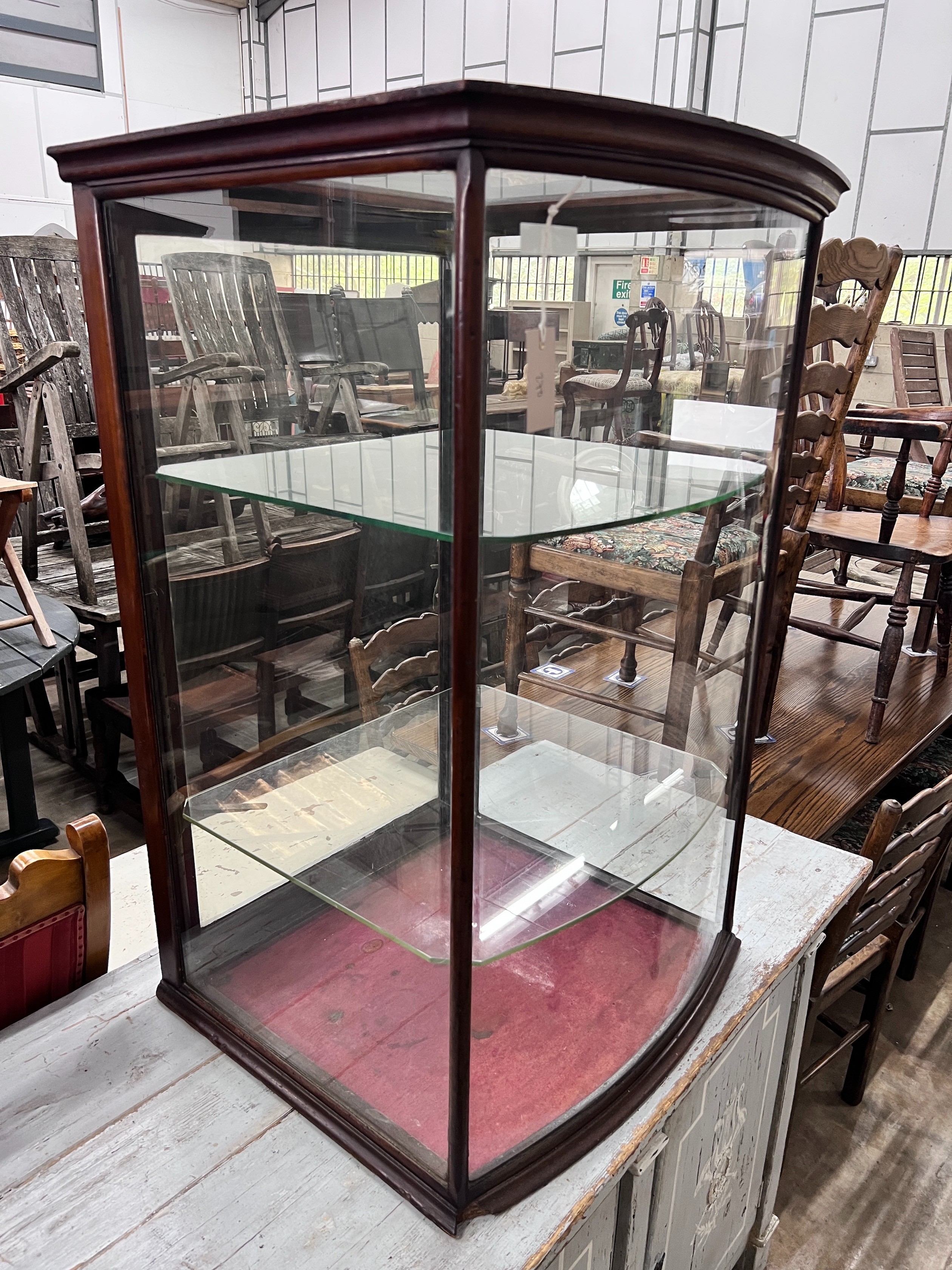 A late Victorian mahogany table top shop display cabinet, width 61cm, height 96cm *Please note the sale commences at 9am.